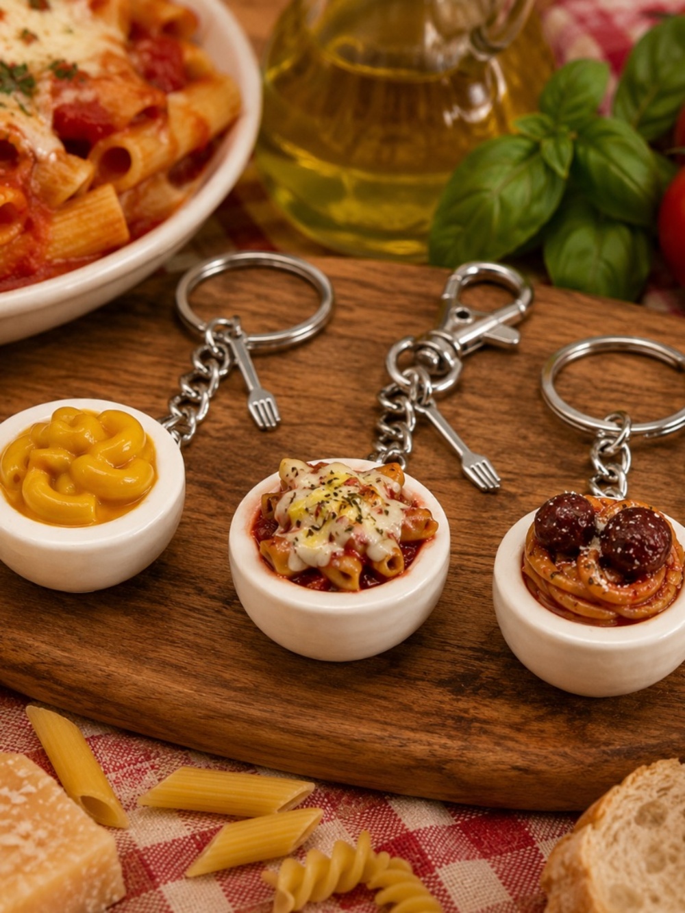 Pasta Bowl Keychain or Bag Clip | Mac & Cheese, Baked Ziti, Spaghetti & Meatball